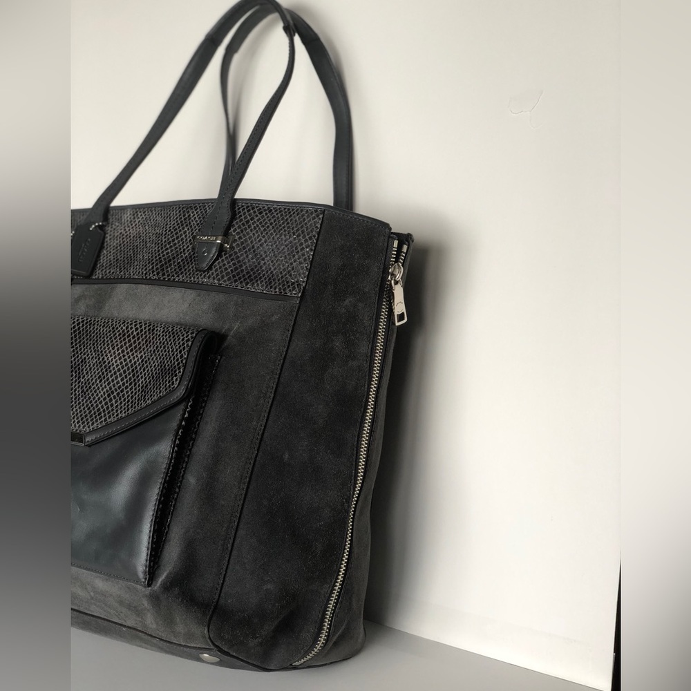 COACH Grey Large Carryall Suede Leather Tote Large Expandable Zipper Snakeskin - Picture 8 of 15